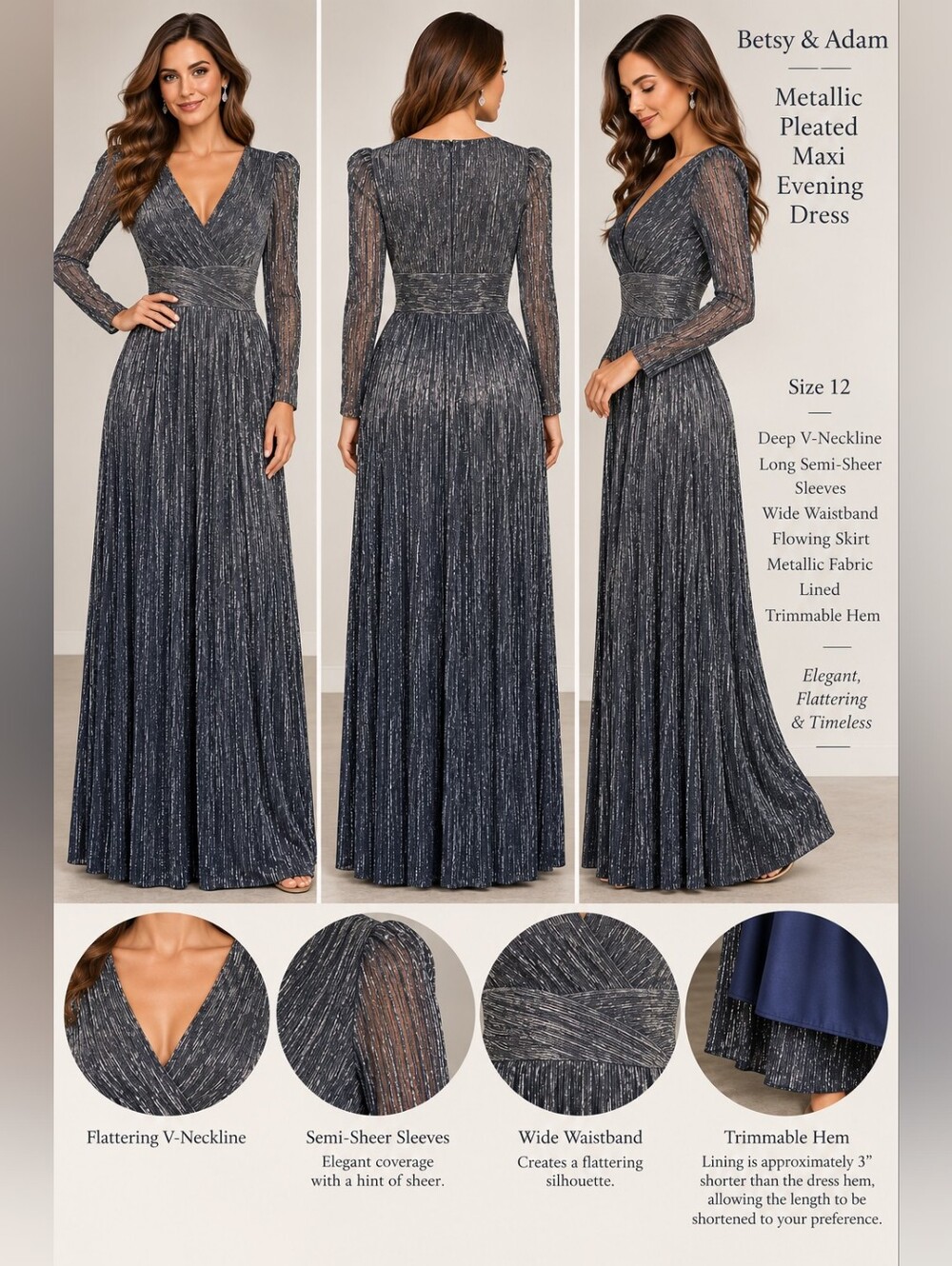 Betsy & Adam Women 12 Metallic Silver Blue Long Sleeve Maxi Evening Dress Unworn